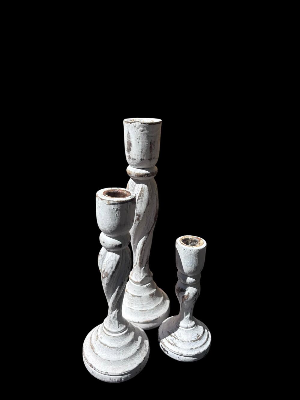Set of Three Shabby Wooden Candlesticks Very Light Distressed Farmhouse Country